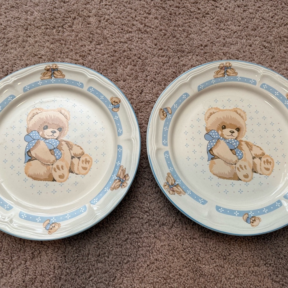 vintage Tienshan stoneware salad plates featuring the "Country Bear" pattern